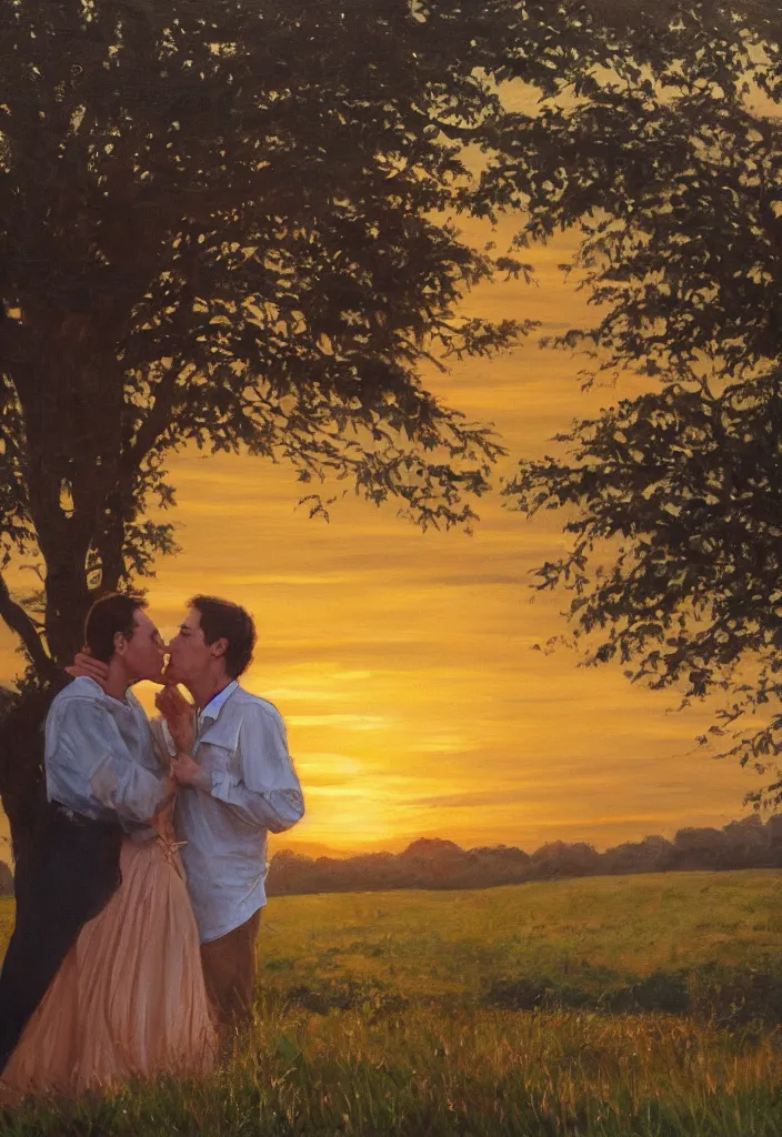 Prompt: a still from bridgerton, anthony kissing kate, sunset, golden hour, very detailed painting