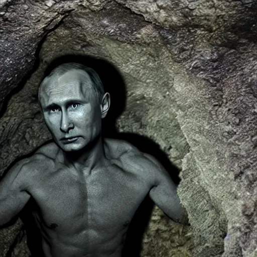 Image similar to photo inside a cavern of a wet reptilian humanoid putin partially hidden behind a rock