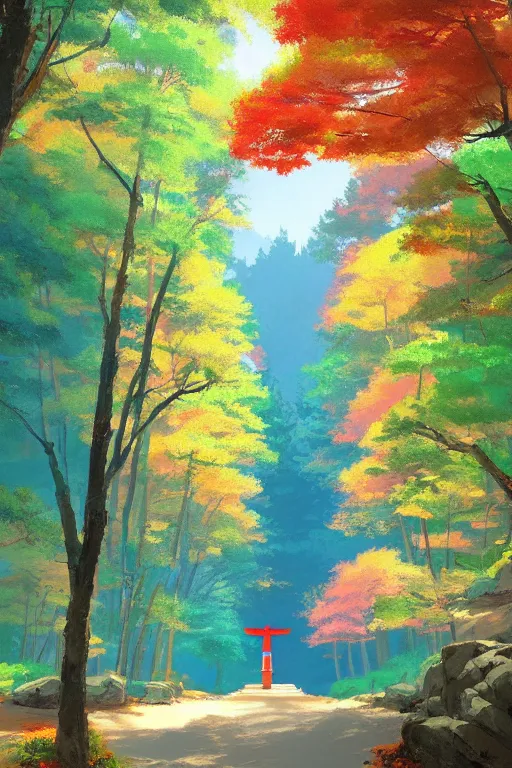 Image similar to Japanese Torii in a colorful moutain with COLORFUL trees ,morning , by studio ghibli painting, superior quality, masterpiece, by Grzegorz Rutkowski, concept art