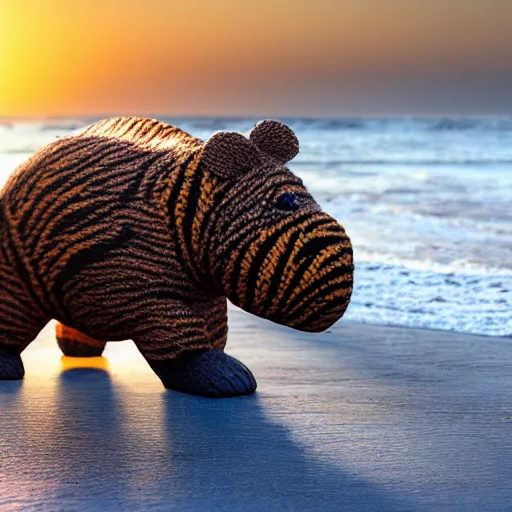 Image similar to a closeup photorealistic photograph of a cute smiling knitted tiger hippopotamus chasing a beachball at sunset. surf in the background. professional capture. this 4 k hd image is trending on artstation, featured on behance, well - rendered, extra crisp, features intricate detail, epic composition and the style of unreal engine.