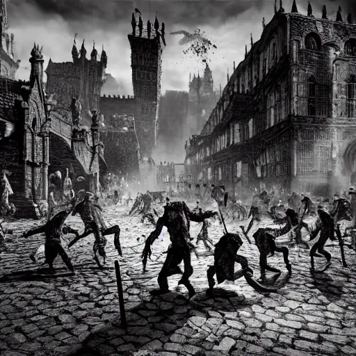 Image similar to zombies attack the medieval city in the style of kentaro miura, 4 k, 8 k, absolute detail of even the smallest details and particles, beautiful shadows, beautiful art, black and white drawing