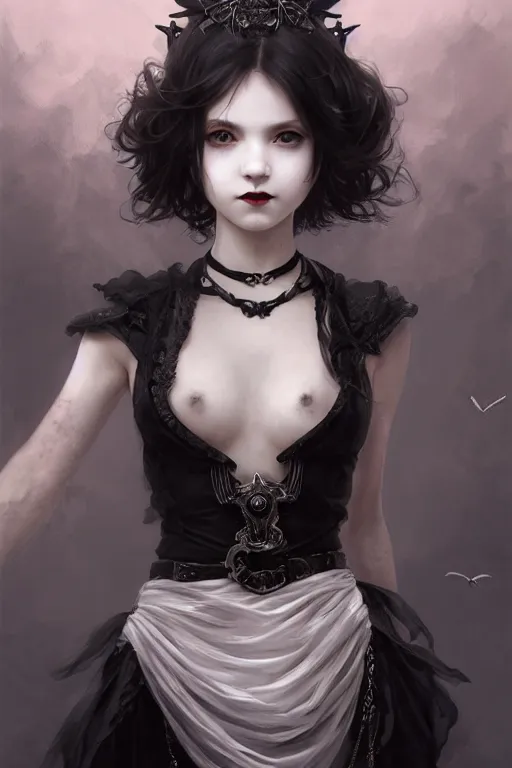 Image similar to portrait of radical lolita girl, dreamy and ethereal and dark, black eyes, silver short hair, smiling expression, ornate goth dress, dark fantasy, chaotic, elegant, black crows flying, highly detailed, digital painting, artstation, concept art, smooth, sharp focus, illustration, art by artgerm and greg rutkowski and alphonse mucha