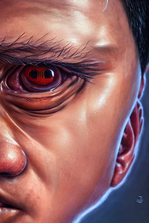 Image similar to hyperrealistic close-up graffiti exoskeleton! chinese man highly detailed concept art eric zener elson peter cinematic hard orange lighting high angle hd 8k sharp shallow depth of field