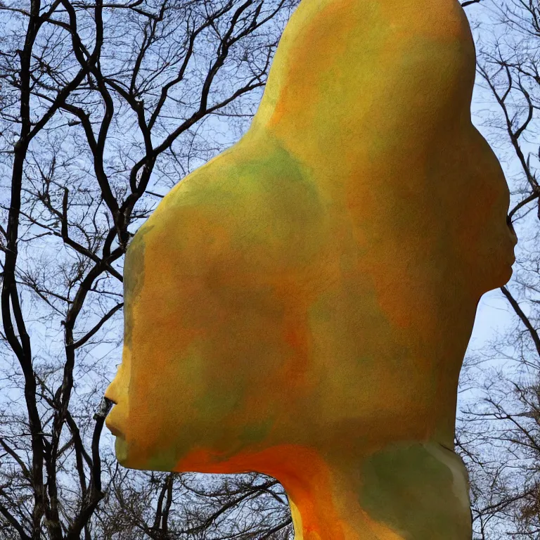 Prompt: Beautiful telephoto photograph of Monumental Sculpture of an insect head made out of Plaster and watercolor sculpted by Helen Frankenthaler and Henry Moore in Central Park, bright colors shocking detail trending on artstation