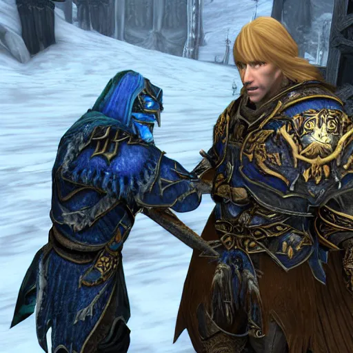 Image similar to arthas menethil shaking hands with skyrim's dragonborn