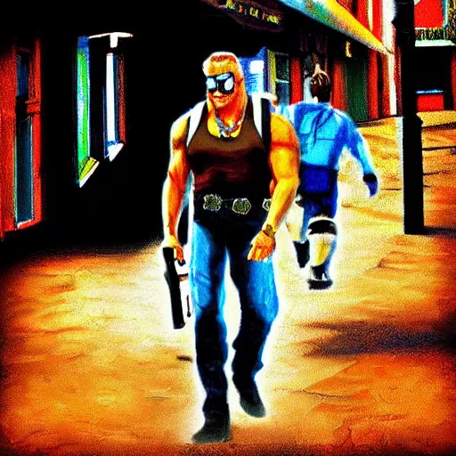 Prompt: duke nukem walking in a street, digital art