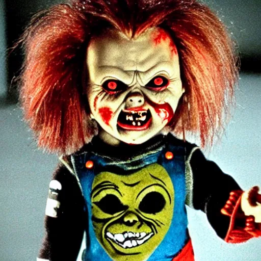 Image similar to Evil creepy looking Chucky the killer doll from Child's Play surrounded by zombies in the movie Dawn of the Dead