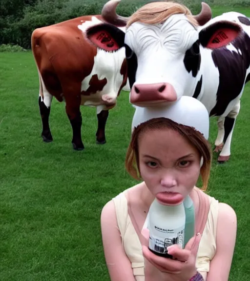 Image similar to A photo of a girl cosplaying as a cow terrified of bottled milk, extremely detailed