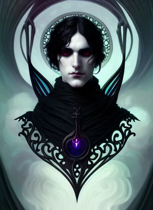 Prompt: beautiful goth ethereal male portrait, art nouveau, fantasy, intricate arcane wiccan designs, elegant, highly detailed, digital painting, artstation, concept art, matte, sharp focus, illustration, art by Artgerm and Greg Rutkowski and WLOP