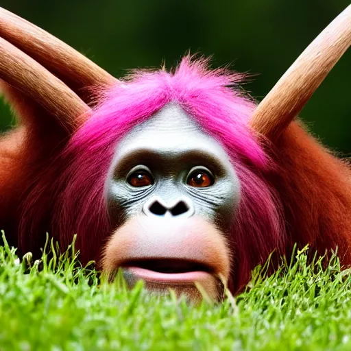 Prompt: pink orangutan wearing a pearl necklace and a tiara sat in a field of grass. photograph 4 k