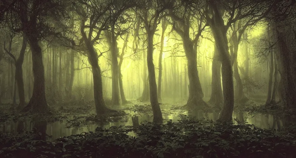 Prompt: A dense and dark enchanted forest with a swamp, by David A. Hardy