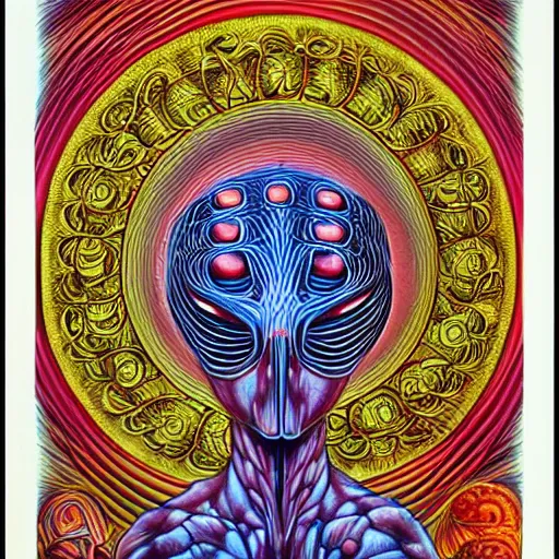 Image similar to mushroom god by Alex Grey