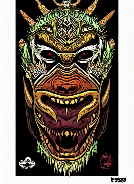 Prompt: barong family member, wiwek, mara demon, one single tribe member, jungle, one single mask, dark, ancient warrior mask, gorilla mask, lizard tongue, tribals, art by dan mumford