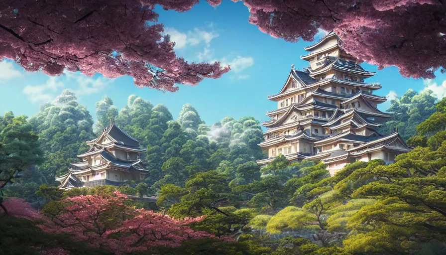 Image similar to A highly detailed matte painting of a large japanese castle, in the tall mountains, with matsu pine trees, with sakura cherry trees, by Studio Ghibli, Makoto Shinkai, by Artgerm, by beeple, volumetric lighting, octane render, 4K resolution, trending on artstation, masterpiece