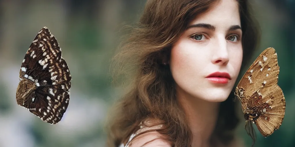 Image similar to a head and shoulders portrait of a beautiful woman with a big moth sitting on her face. Vintage photograph, bokeh, 50mm f1.4, kodak ektar