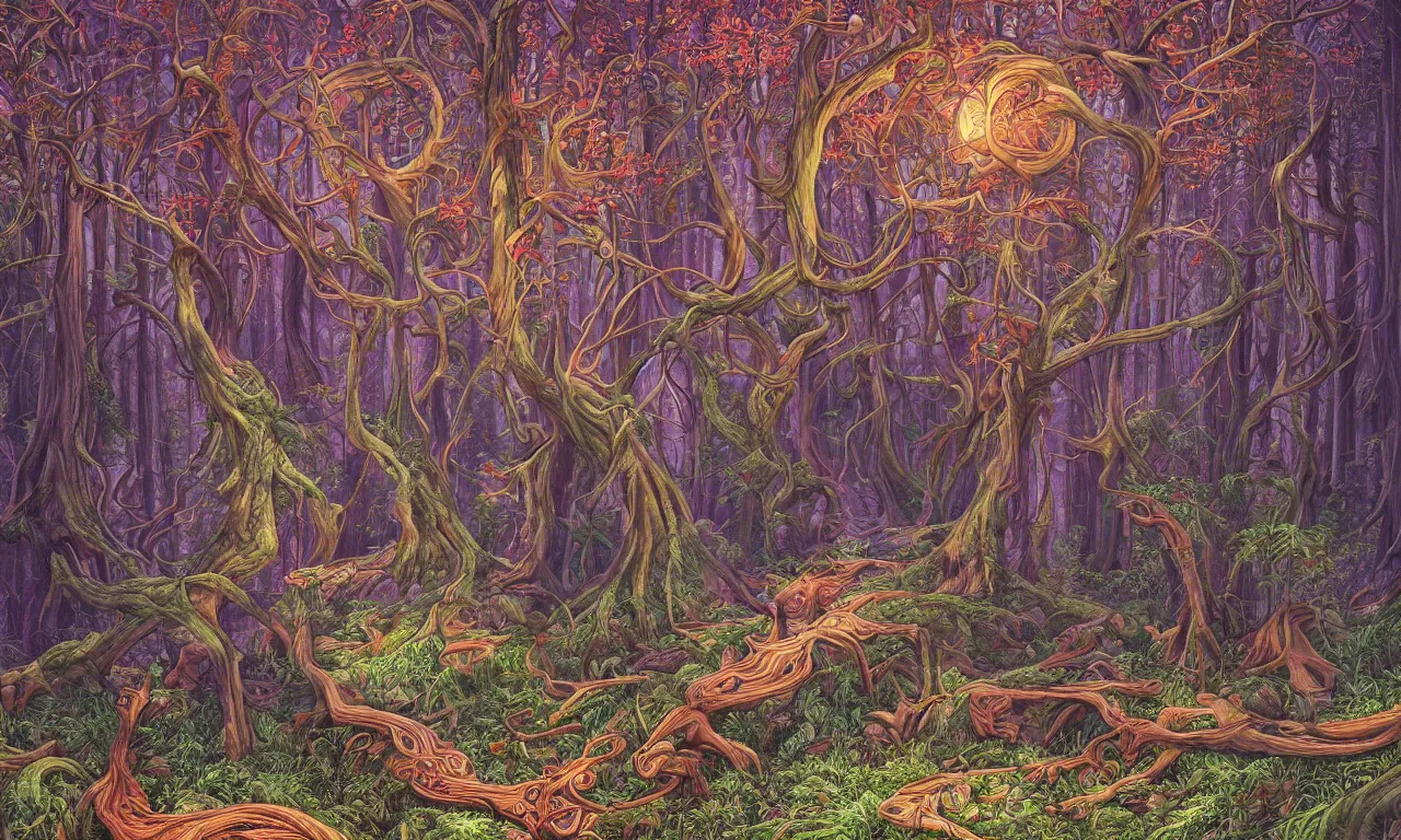 Image similar to mystical forest, illustration painting, oil on canvas, intricate, hd, digital art, overdetailed art, complementing colors, detailed, illustration painting by alex gray, digital art, moebius