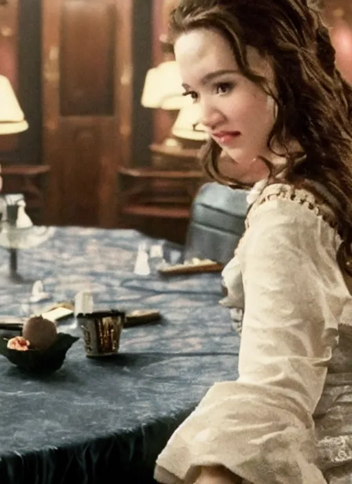 Prompt: movie still of pokimane with a very big bust sitting at a table, titanic ship interior, directed by Quintin Tarantino