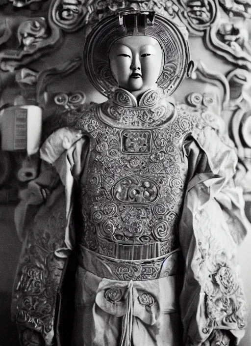 Prompt: old vintage photo of godly Chinese ancient sentiel standing in the ancient temple during ritual, big space suit in the back, symmetrical face, big eyes and lips, looking at camera, subtle makeup, clean face and body skin,ecstatic expression,volumetric lights,depth of field, lens flares, dust in the air, moody lighting, intricate, elegant, highly detailed, centered, smooth, sharp focus, Donato Giancola, Joseph Christian Leyendecker, WLOP, Boris Vallejo, Artgerm moody photography, old photo, black and white, sepia, cinematic lighting, cinematic angle, national geographic