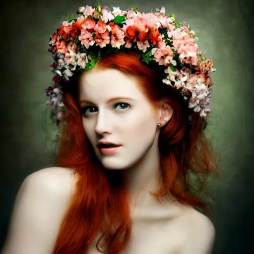 Image similar to !dream Fine art photo of the most beautiful woman, she is redhead, she is posing while maintain a sweet eye contact to the camera, she has a crown of flowers, she has perfect white teeths, the photo was taking by Annie Leibovitz, matte painting, oil painting, naturalism