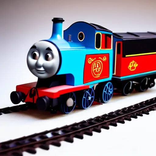 Prompt: Thomas the tank engine with extremely detailed muscular legs instead of wheels, realistic photography, 8k, studio lighting