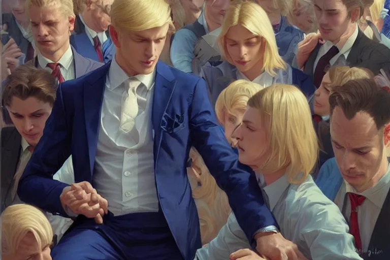 Prompt: a blond man in a blue suit wounded and kneeling surrounded by a crowd, intricate, elegant, ultra realistic illustration, highly detailed, digital painting, artstation, concept art, smooth, sharp focus, illustration, art by artgerm and greg rutkowski and alphonse mucha