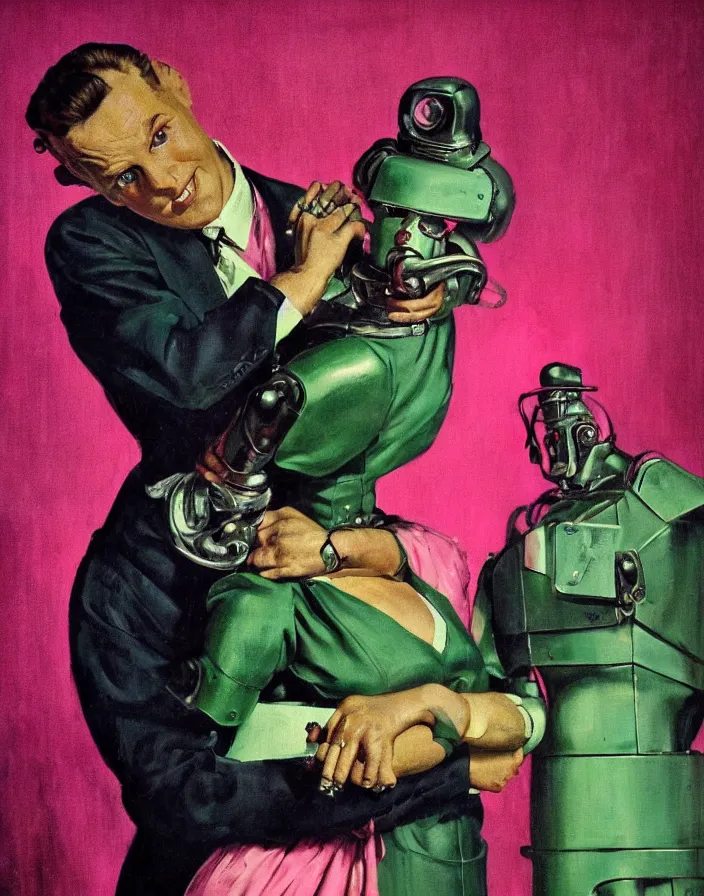 Image similar to a female housewife!!!! being hugged by a manly metal robot!!!! in a suit!!!, 1 9 5 0 s horror film movie poster style, ( norman rockwell oil painting ), close - up shot, tight shot, retro science fiction, vintage, saturated pink and green lighting, shadowy lighting