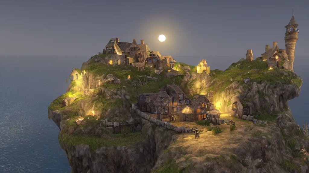 Image similar to A medieval fantasy village on the side of a cliff by the ocean , crescent moon, light glowing from windows at night realistic concept art unity engine raytracing 8K