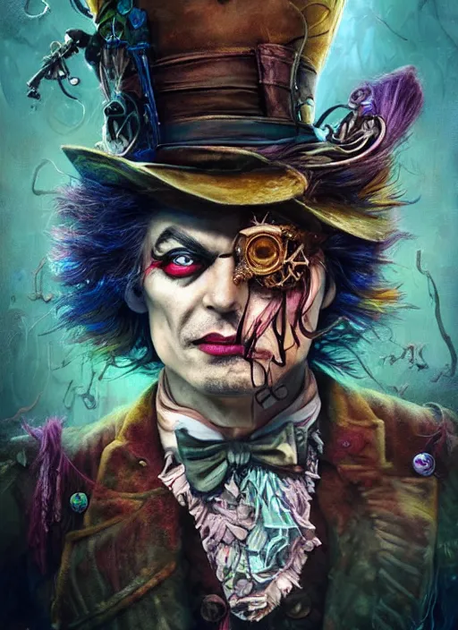 Image similar to mad hatter, steampunk style, highly detailed, cinematic, 8 k, by megan duncanson, benjamin lacombe, adrian borda, stanley artgermm, tom bagshaw, craig mullins, carne griffiths, ayami kojima, beksinski, giger, trending on deviantart, hyper detailed, horror, full of colour