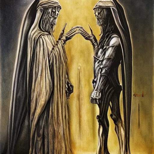 Image similar to gandalf ( left ) and frodo, by h. r. giger. painting, oil on canvas