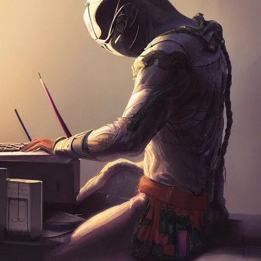 Image similar to an insanely detailed painting of a asian man wearing a homemade superhero costume and mask, sitting at a computer desk typing on the keyboard, in the style of peter mohrbacher, dramatic lighting and composition, trending on artstation, concept art, comic book, graphic novel, back view