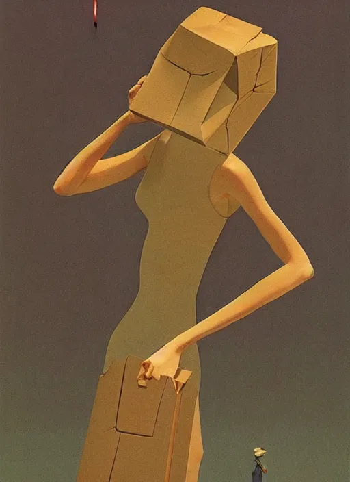 Image similar to isometric woman in paper bag over the head and a sward information overload from facebook Edward Hopper and James Gilleard, Zdzislaw Beksinski, highly detailed