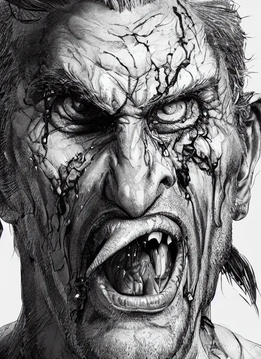 Image similar to close up portrait of an insane man, screaming, middle aged, scars, powerful, domineering, stoic, masterful, intense, ultrafine hyperdetailed illustration by kim jung gi, irakli nadar, intricate linework, sharp focus, octopath traveler, yoji shinkawa, highly rendered, detailed, concept art