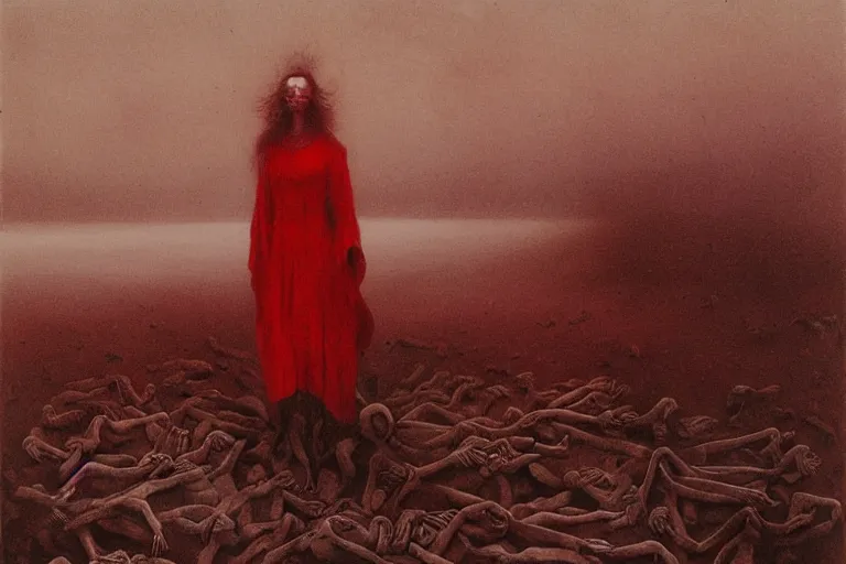 Image similar to a surrealist painting of a lonely woman with pale skin and red hair, standing over pile of bodies in post apocalyptic snowy landscape, painted by zdzisław beksinski