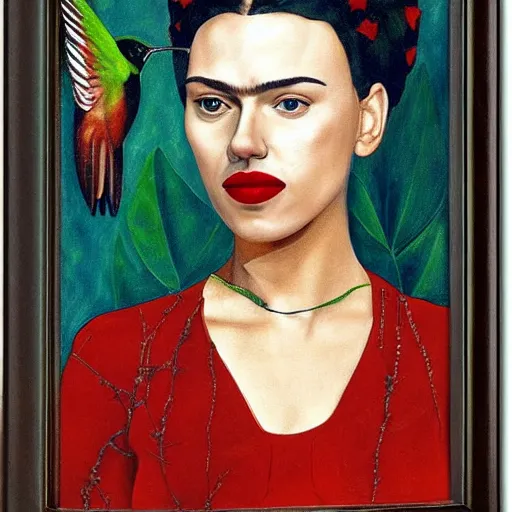 Image similar to painting Self-Portrait of scarlett johansson with Thorn Necklace and Hummingbird, by Frida Kahlo