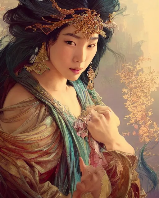 Image similar to a beautiful close up portrait of an asian sorceress sitting with elegant looks, flowing robe, ornate and flowing, intricate and soft by ruan jia, tom bagshaw, alphonse mucha, krenz cushart, beautiful chinese architectural ruins in the background, epic sky, vray render, artstation, deviantart, pinterest, 5 0 0 px models
