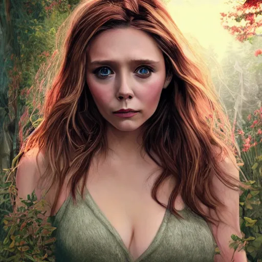 Image similar to Elizabeth Olsen, fantasy, nymph, clothed, forest, digital art