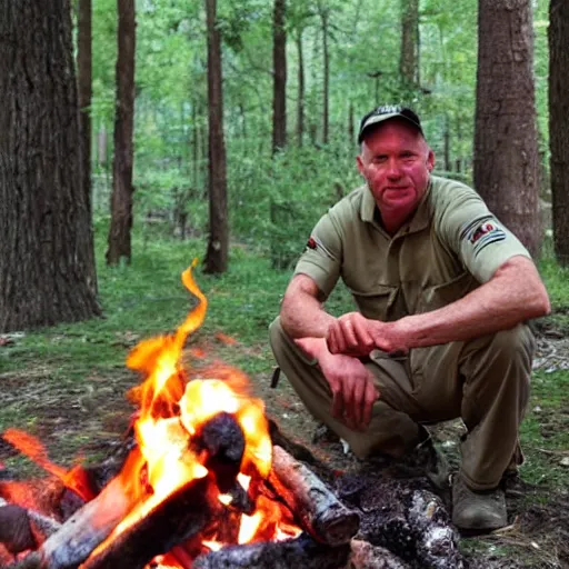 Image similar to veteran special operations officer living off the grid cooking at a campfire