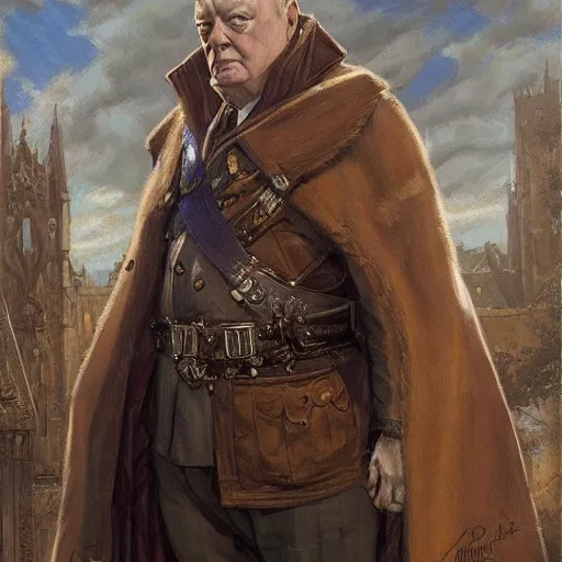 Image similar to Winston Churchill as a fantasy D&D cleric, portrait art by Donato Giancola and James Gurney, digital art, trending on artstation