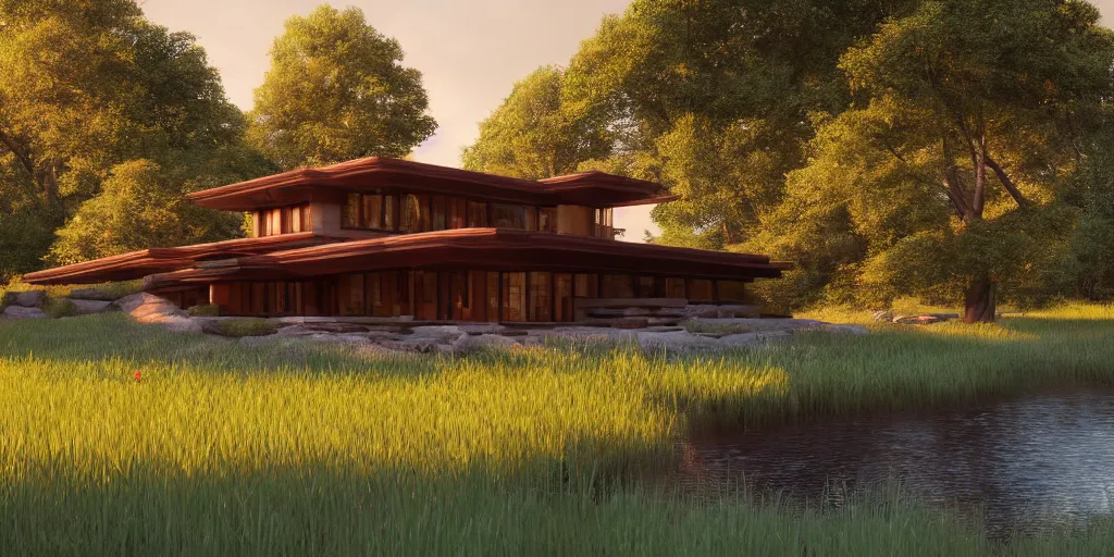 Image similar to cottagecore illustration of a Frank Lloyd Wright house in a meadow by stream in Spring, Pixar and Disney animation, sharp, Rendered in Unreal Engine 5, art by Greg Rutkowski, Bloom, dramatic lighting, sunrise