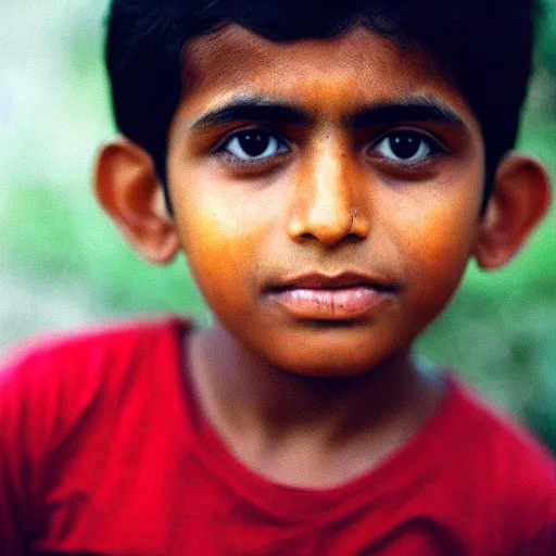 Image similar to portrait of an indian boy with green eyes and red tshirt, film still, kodachrome