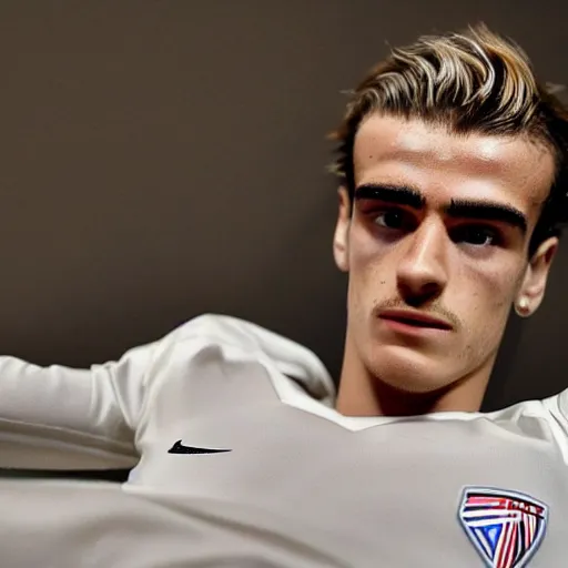 Image similar to a realistic detailed photo of a guy who is an attractive humanoid who is half robot and half humanoid, who is a male android, soccer player antoine griezmann, shiny skin, posing like a statue, blank stare, in a living room, on display, showing off his muscles