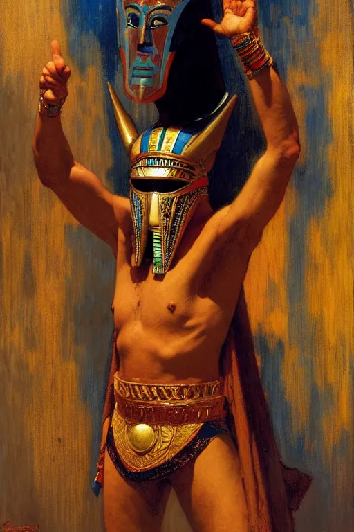 Image similar to magician, wearing mask, character design, ancient egypt, colorful, painting by gaston bussiere, craig mullins, j. c. leyendecker, tom of finland