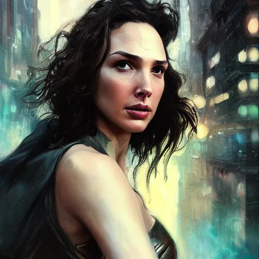 Image similar to gal gadot, hyperrealistic portrait, bladerunner street, art of elysium by jeremy mann and alphonse mucha, fantasy art, photo realistic, dynamic lighting, artstation, poster, volumetric lighting, very detailed face, 4 k, award winning