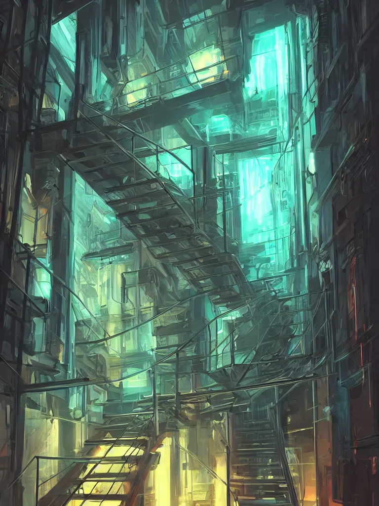 Image similar to down a basement staircase neon lights cyberpunk style digital painting concept art smooth sharp focus hyperrealistic illustration artstati