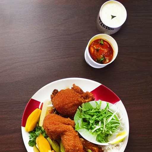 Image similar to fried chicken, sticky rice, papaya salad, thai street food, advertisement, banner “
