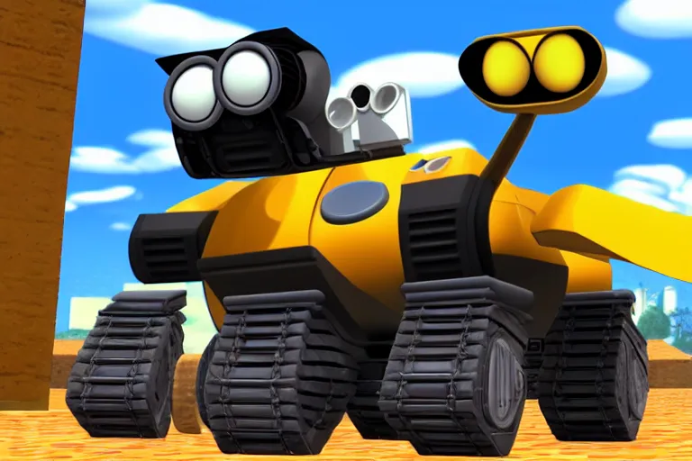 Image similar to wall - e in super mario 6 4, heavy detailed, ultra high definition quality, super mario 6 4 game engine graphics