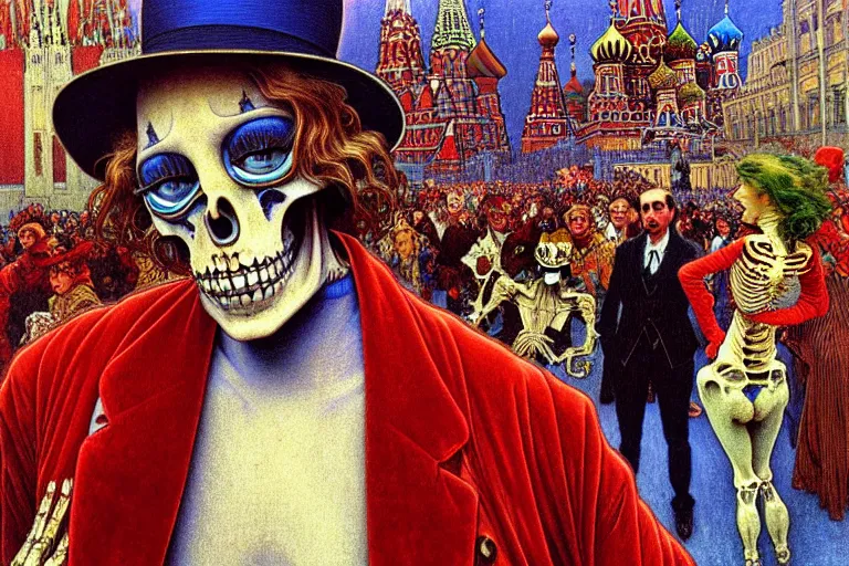 Image similar to realistic detailed closeup portrait painting of a single skeleton wearing red velvet blazer in a crowded futuristic moscow street by Jean Delville, Amano, Yves Tanguy, Alphonse Mucha, Ernst Haeckel, Edward Robert Hughes, Roger Dean, rich moody colours, blue eyes