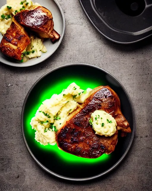 Image similar to green gamer LED porkchops and mashed potatos by razer, HD, trending on artstation, instagram post, lights in food, bright food, LED