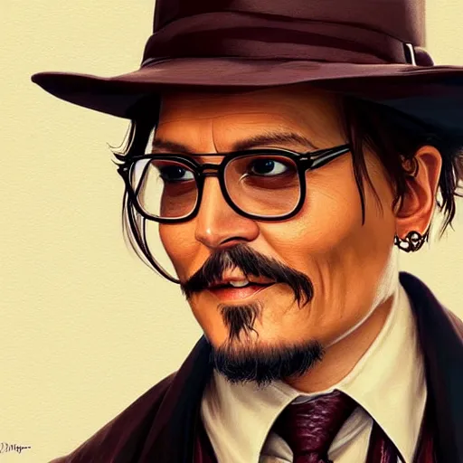 Prompt: close up of johnny depp smiling wearing a brown suit and necktie, focus, d & d, intricate, elegant, highly detailed, digital painting, artstation, concept art, matte, sharp focus, illustration, hearthstone, art by artgerm and greg rutkowski and alphonse mucha