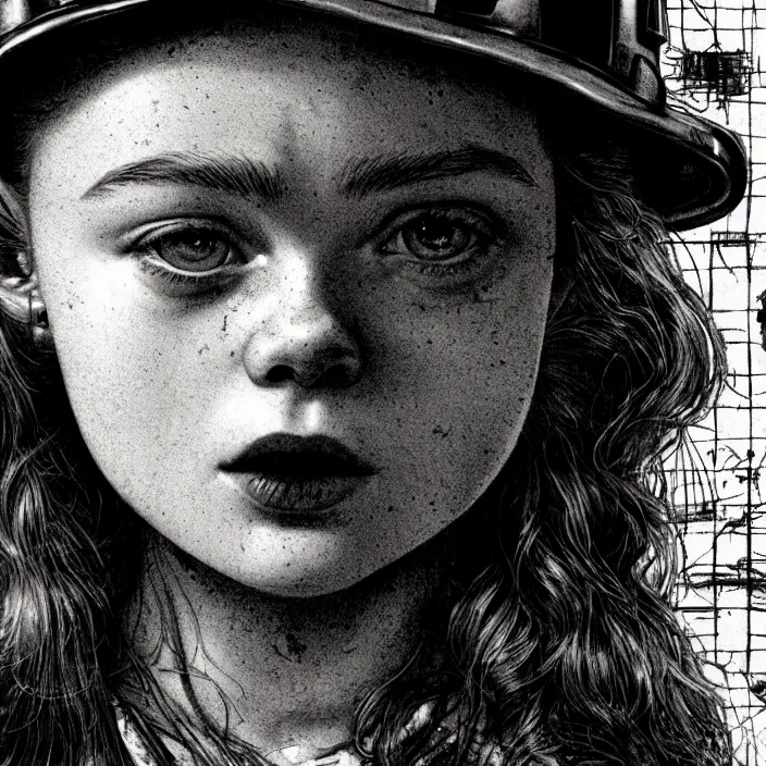 Prompt: extreme close - up on sadie sink as a miner : eating. background : black tiles on walls. black and white, pencil and ink. by gabriel hardman, joe alves, chris bonura. cinematic atmosphere, detailed and intricate, perfect anatomy